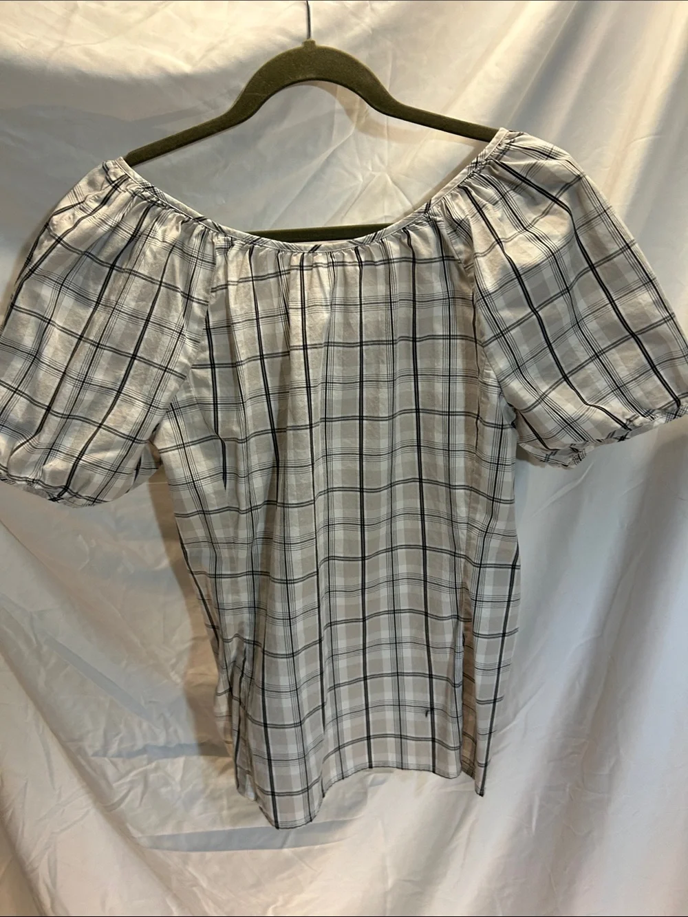 J. Crew White and Black Plaid Off-Shoulder Blouse